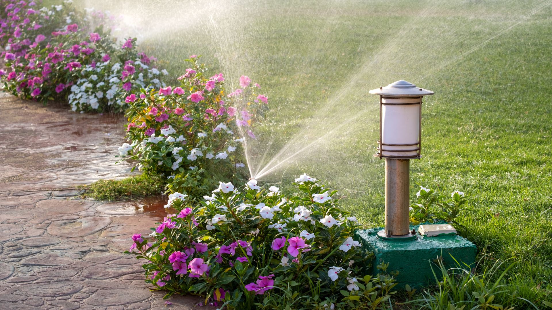 A sprinkler spraying water on a flower bed